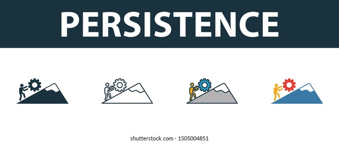 Persistence icon set. Four elements in diferent styles from soft skills icons collection. Creative persistence icons filled, outline, colored and flat symbols.