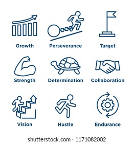 Persistence icon set - image of extreme motivation and drive set on persevering