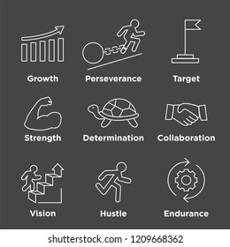 Persistence icon set - image of extreme motivation and drive set on persevering