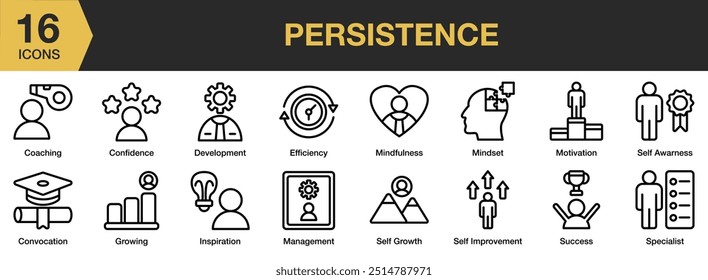 Persistence icon set. Includes efficiency, growing, inspiration, management, mindset, and More. Outline icons vector collection.