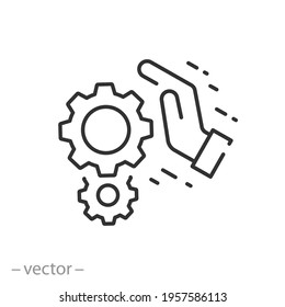 persistence in process icon, gears in hand, effort hard work, effective operation, cog mechanism, business integrate, thin line web sign on white background - editable stroke vector illustration eps10