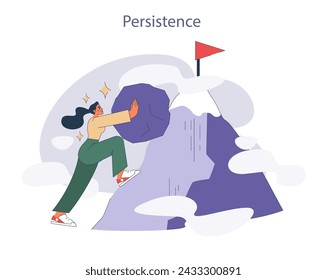 Persistence. Resolute woman pushing against obstacles to reach her goal atop a mountain. Conveys determination and goal achievement.