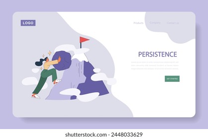 Persistence. Resolute woman pushing against obstacles to reach her goal atop a mountain. Conveys determination and goal achievement.