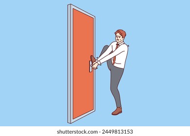 Persistent businessman is trying to open locked door, without giving up and striving to achieve goal. Persistent guy manager lost keys to own office, for concept of restrictions on career ladder