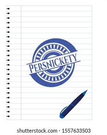 Persnickety emblem draw with pen effect. Blue ink. Vector Illustration. Detailed.