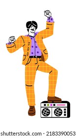 Person From 80s. Happy Smiling Man In Orange Retro Suit Or Outfit Dancing Next To Boombox. Eighties Style Party With Vintage Disco Music. Old Fashion. Cartoon Flat Vector Illustration In Doodle Style