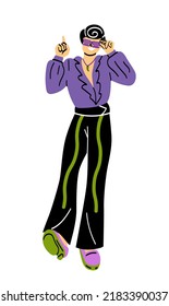 Person From 80s. Positive Stylish Guy With Retro Hairstyle Dances At Disco Party. Smiling Man In Vintage Outfit From Eighties. Old Fashion Concept. Cartoon Flat Vector Illustration In Doodle Style