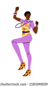 Person from 80s. Smiling afro american girl in bright purple retro jumpsuit and vintage accessories. Stylish character dancing at eighties party. Cartoon flat vector illustration in doodle style