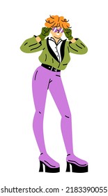 Person from 80s. Stylish woman in trendy retro glasses and bright leggings. Smiling girl in vintage outfit preparing for disco dance or party in eighties style. Cartoon flat vector illustration
