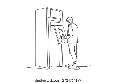Eine Person greift auf Bankdienstleistungen an einem Bankautomaten zu. Bankaktivitätskonzept. Einzeiliges Zeichnungsdesign. Vektorgrafik