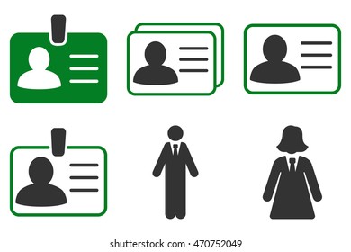 Person Account Card vector icons. Pictogram style is bicolor green and gray flat icons with rounded angles on a white background.