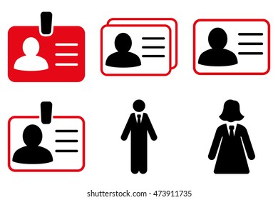 Person Account Card vector icons. Pictogram style is bicolor intensive red and black flat icons with rounded angles on a white background.