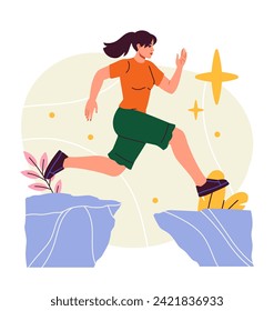 Person achieve goals concept. Woman jump over gap. Motivation and success, leadership. Sticker for social networks. Cartoon flat vector illustration isolated on white background