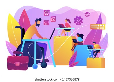 Person Adaptation With Disability. Office Workplace, Coworking Zone. Disabled Employment, Work For Disabled People, We Hire All People Concept. Bright Vibrant Violet Vector Isolated Illustration