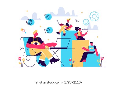 Person adaptation with disability. Office workplace, coworking zone. Disabled employment, work for disabled people, we hire all people concept. Bright vibrant violet vector isolated illustration