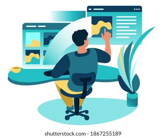 Person adds information to website. Concept of creating and managing digital content, publishing data on Internet, site design. Modern flat color vector illustration for poster, banner.