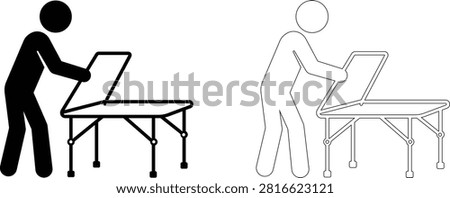 Person Adjusting Folding Massage Table Icon, Portable Treatment Bed Setup Pictogram, Spa Therapy Equipment Symbol, Human Stick Figure Vector EPS