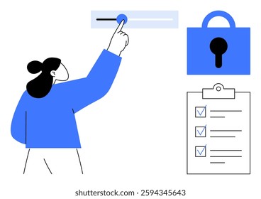 A person adjusts a slider next to a lock icon and a checklist. Ideal for data security, privacy management, user permissions, cybersecurity protocols, and system settings. Simple vector style with