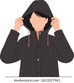 A person adjusts their hood while wearing a black jacket, showcasing a relaxed demeanor in a clean and modern vector art design.
