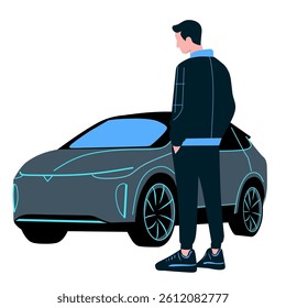 A person admires a sleek, modern car with a futuristic design.