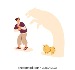 Person afraid of small dog, puppy. Fear of canine animals, cynophobia concept. Frightened man with mental anxiety, psychological disorder. Flat vector illustration isolated on white background