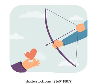 Person aiming at red heart in hands of man. People holding symbol of love, bow and arrow flat vector illustration. Target, Valentines day concept for banner, website design or landing web page