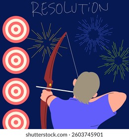 A person aiming at targets with a bow and arrow, symbolizing New Year's resolutions