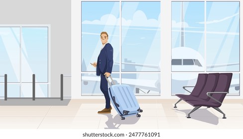 Person in airport with a suitcase, flat style, inside an airport with an airplane view. Concept of travel. Vector illustration