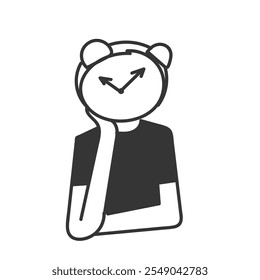 person with alarm clock head and face feeling worried and confused in doodle drawn sketch cartoon