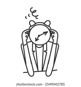 person with alarm clock head and face feeling worried and confused in doodle drawn sketch cartoon