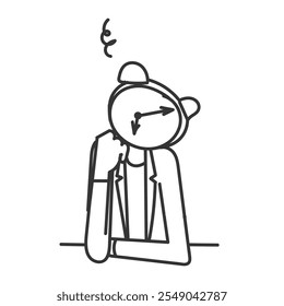 person with alarm clock head and face feeling worried and confused in doodle drawn sketch cartoon