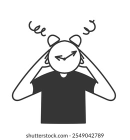 person with alarm clock head and face feeling worried and confused in doodle drawn sketch cartoon