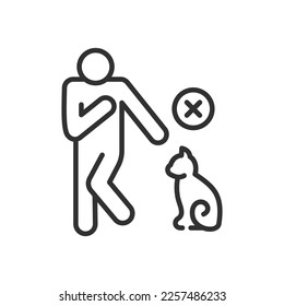 Person is allergic, linear icon. Man stays away from animals. Cat allergy. Line with editable stroke