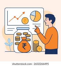 Eine Person analysiert ein Armaturenbrett, das Aktien, Rupien-Taschen, Münzen und Tortendiagramme anzeigt und so die persönliche Portfolioverwaltung und Finanzstrategie symbolisiert