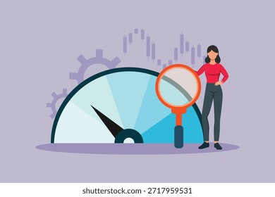 Una persona analiza los datos de evaluación comparativa con una lupa. Concepto de Benchmarking. Ilustración vectorial plana coloreada aislada
