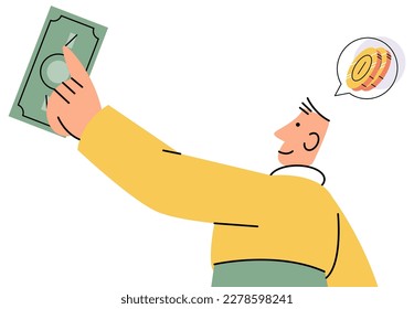 Person analyzes budget. Man holding dollar bill in his hand. Young businessman accountant conducts financial report on company profits and earnings. Economic presentation. Money management, accounting