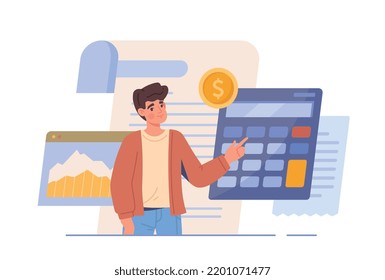 Persona analiza el presupuesto. El joven consultor financiero masculino con calculadora considera los ingresos y gastos de la empresa o la familia. Gestión de dinero adecuada. Ilustración vectorial plana contemporánea de dibujos animados