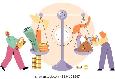 Person analyzes profit weighing earnings on scales, income and expenses money. Banking safety, profit increase. Financial plan or budget planning. Yearly expense management, deposits, tax payments
