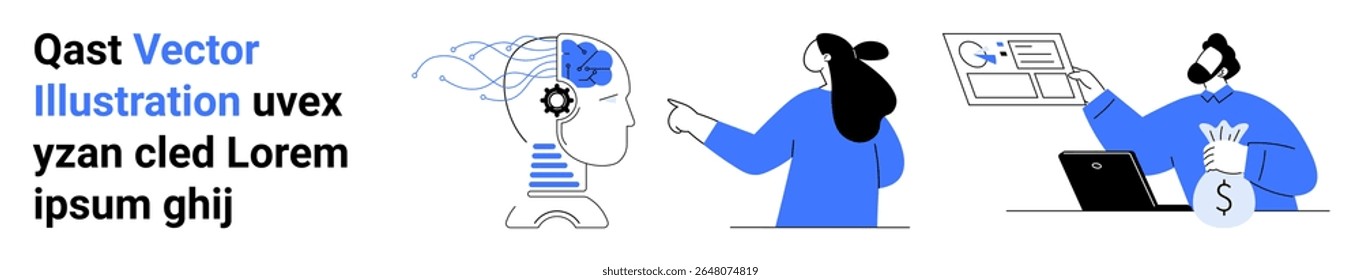 Pessoa analisando a interface com o cérebro da IA, outros dados de apresentação e terceiro com dados financeiros e laptop. Ideal para pesquisa em IA, inovação tecnológica, análise de dados, consultoria financeira, estratégia de negócios
