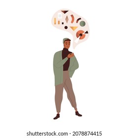 Person analyzing business data. Creative thinking and analysis concept. Modern man and abstract geometric shapes, graphs, diagrams in thoughts. Flat vector illustration isolated on white background