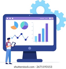 Pessoa analisando gráficos em um monitor de computador grande com engrenagens acima