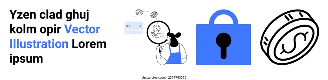 Person analyzing data with a bar chart and currency symbols. Blue lock icon represents security. Coin symbolizes currency. Ideal for financial technology security data analysis and technology. Banner