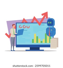 Person analyzing data on large screen displaying graphs and statistics, representing performance metrics and trends in modern workspace
