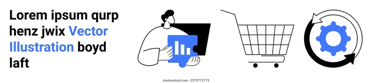 Person analyzing data, shopping cart, and gear symbol. Ideal for e-commerce, digital marketing, analytics, business growth, and process automation. Banner for landing page