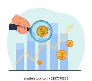 Persona analizando el gráfico financiero. Mano sujetando las lupas contra los gráficos con monedas. Finanzas, banca, concepto de negocio para banner, diseño de sitio web o página web de aterrizaje