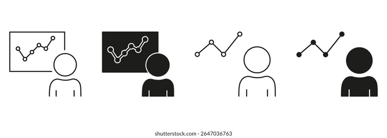 Person Analyzing Graph Line And Solid Icon Set. Data Analysis, Business Growth, And Performance Evaluation Symbol Collection. Financial And Statistical Insights. Isolated Vector Illustration.