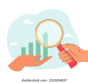 Person analyzing growing bar graph on hand. Metaphor for analysis of performance improvement flat vector illustration. Business growth, development concept for banner, website design or landing page