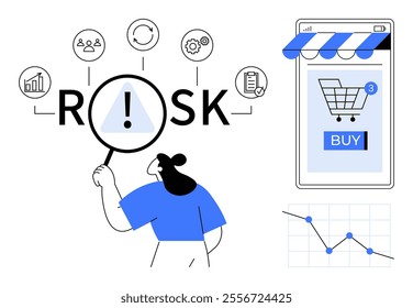 A person analyzing risk with a magnifying glass, highlighting business icons, a shopping cart on a mobile app, and a declining line graph. Ideal for business planning, e-commerce, risk management