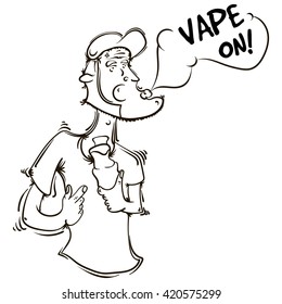 The person or the animation character with an electronic cigarette in hands. Vector illustration
