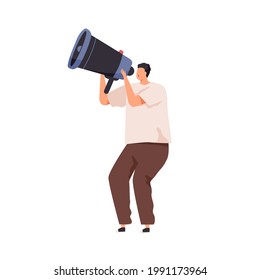 Person announcing important information with megaphone. Invitation, announcement, notification or warning concept. Man speaking with loudspeaker. Flat vector illustration isolated on white background